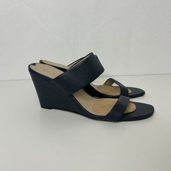 Via Spiga Womens 9.5 Blue Leather Wedge Open Toe Sandals Shoes - Picture 2 of 7